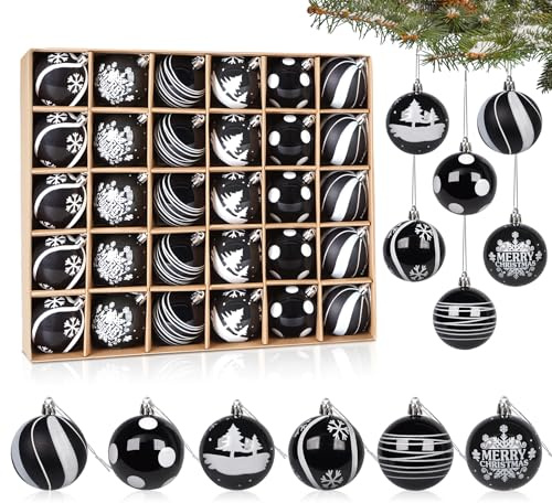 Lote de 30 Bolas de plástico de 6 cm – Decoración de árbol con temática Tradicional en Blanco y Negro
