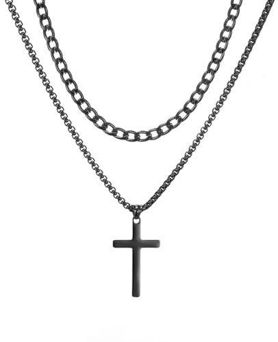 AFSTALR Collier Croix Homme, Acier Inoxydable Collier Double Croix Collier Chaîne et Boîte Cubaine avec Pendentif Croix, Chaîne Noir 50/55cm Cadeau de d'anniversaire Bijoux Chrétienne Hommes