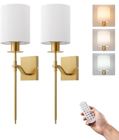 EDISHINE Lampada da Parete Interni Senza Fili 2 Pezzi, Telecomando e Lampadina E27 RGBW Dimmerabile e Ricaricabile, 3000K-4500K-6000K, Paralume Bianco, Base in Rame Dorato per Soggiorno, Camera
