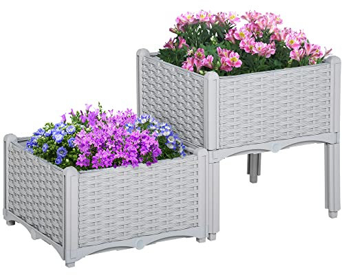 Outsunny Juego de 2 Jardineras de Exterior Jardineras Cuadradas Imitación a Mimbre Combinación Libre Maceteros para Jardín Patio 40x40x26/44 cm Gris