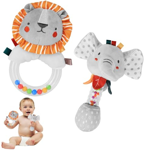 Baby Rattle Toys, Baby Sensory Toys 0-6 Months, Soft Plush Stuffed Animals Hand Rattle with Bell Sound, Birthday Gifts for Newborn Infant Toddlers Girl Boy - Elephant & Lion