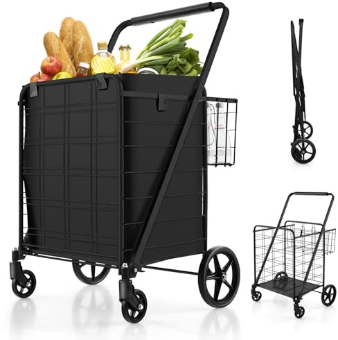 COSTWAY Shoppingvagn vikbar, kundvagn på hjul med avtagbar Oxford-väska och 2 korgar, handvagn 150 kg lastbar, rullvagn universell vagn för tvätt shopping bagage (svart)