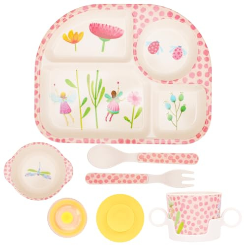 Yuragim Kindergeschirr Set, ohne melamin, 5-teiliges Geschirr Set mit Saugnapf,Baby Menü Tablett, Baby Teller, rutschfest BPA Frei, Teller, Becher mit Deckel,Löffel,Gabel für Kinder, Spülmaschinenfest