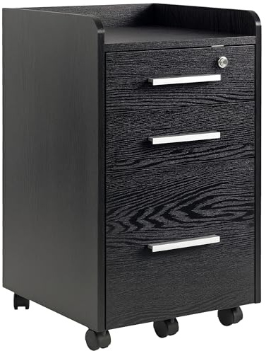 HOMCOM Caisson de bureau rangement bureau sur roulettes 3 tiroirs 1 verrouillable 1 trieur dossiers en bois noir