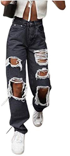 Generisch Jean Boyfriend pour femme - Taille haute - Avec trous - Décontracté - Doux - Stretch - Pantalon baggy - Coupe ajustée - Pantalon de loisirs, Noir , M