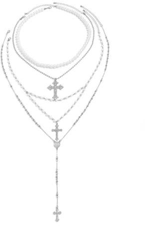 BKEPDY Collana Donna Collane Multistrato Perle Croce Cuore Pendente Collana Lunga Donna Girocollo Argento Elegante Gioielli Alla Moda