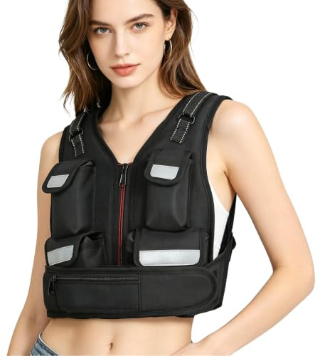 KRYLIX Gilet lesté réglable de 0 à 8 kg avec fermeture éclair, 6 sacs de poids amovibles et poche de rangement, bandes réfléchissantes pour la course, la marche, l'entraînement et l'entraînement