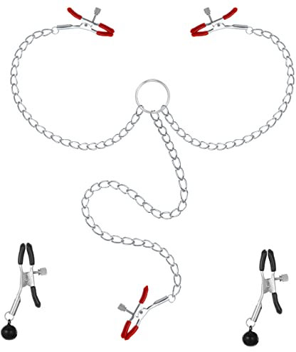 Belmalia Nipple Clamps with Chain | 2 Nipple Clamps + Clit Clamp | Clamps for Nipples with Bells | Breast Stimulators for Woman & Man | Sex Toys Extreme