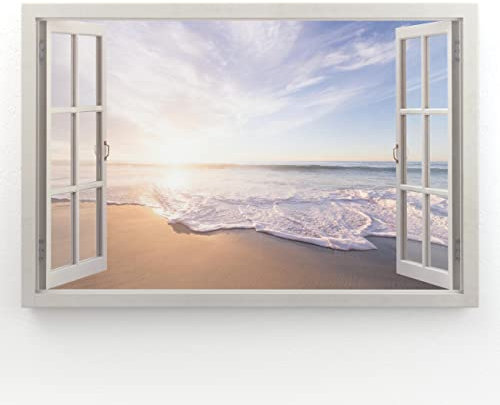 Estika - Cuadros de lienzo con vistas a la ventana - playa, mar - 120 x 80 cm - 1 pieza mural, imagen sobre lienzo, decoración moderna para sala de estar dormitorio - cuadros paisajísticos naturales -