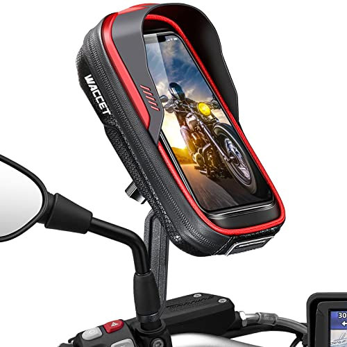 WACCET Porta Cellulare Moto, Supporto Telefono Moto per Specchietto Retrovisore Ruotabile a 360°, con Visiera Parasole Touchscreen Porta Telefono Scooter Impermeabile per 4,5-6,8 pollici Smartphone