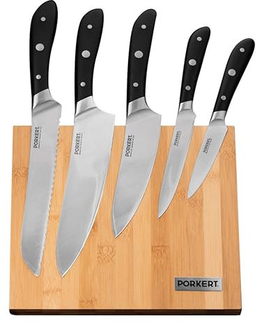 Porkert Vilem Küchenmesserset mit magnetischem Messerblock aus Bambus, 5-teiliges Messerset mit ergonomisch geformten Griff und scharfen Klingen aus rostfreiem, deutschem Edelstahl
