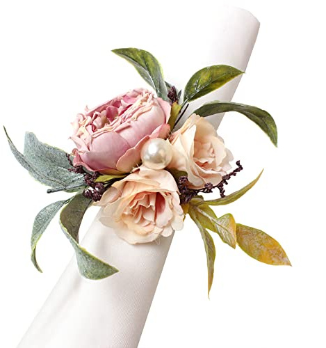 Hantverk blomma servettringar uppsättning med 6, rosa pion blommor servetthållare blommor servetthållare blommor servetthållare bordsdekorationer för bröllop bankett födelsedagsfest