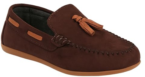 Pojkar fuskmocka Slip On Loafer bröllop klassisk smart casual mockasin platta skor, Brun, 34 EU