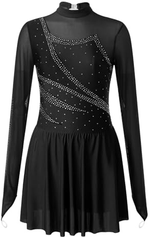 Oyolan Femme Robe Patinage Artistique Justaucorps Gymnastique Danse Strass Brillant Manches Longues Costume S-XXL Noir XXL