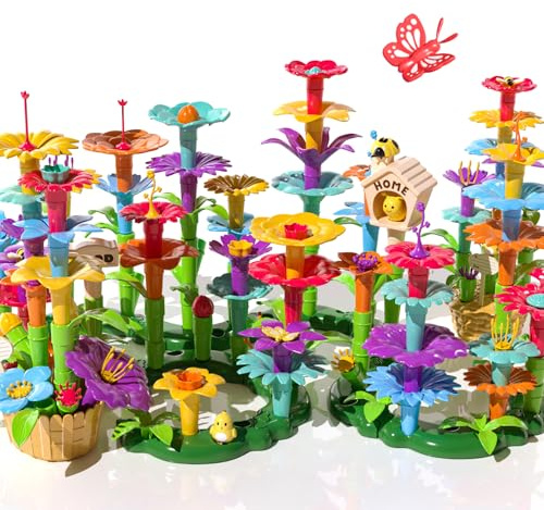TEMI 138 PCS Flower Garden Building Toys for Girls Toys, Educational STEM Toy and Preschool Garden Play Set for Toddlers 3 4 5 6 7 8 Year Old Kids Boys Girls, Flower Stacking Toys for Kids Age 3-6
