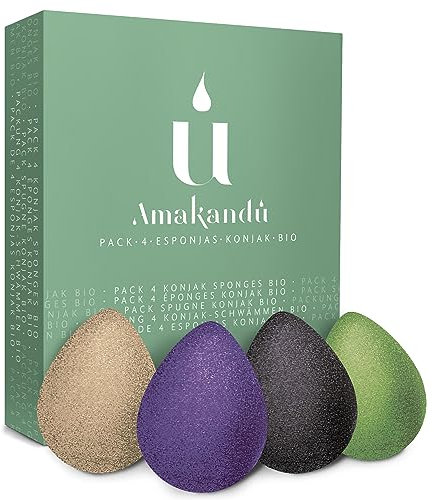 Éponges Visage Konjac Bio - Nettoyage et Exfoliation Doux Visage - Lot de 4 éponges gouttelettes : thé vert, charbon, lavande et coques de noix - Amakandu