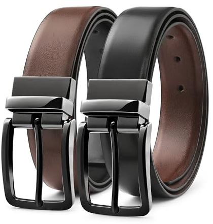 MILORDE Men’s Reversible Leather Belt for Casual Golf Dress Pants Shirts, Double Style - 2 Sides (Black/Brown - M901-36)