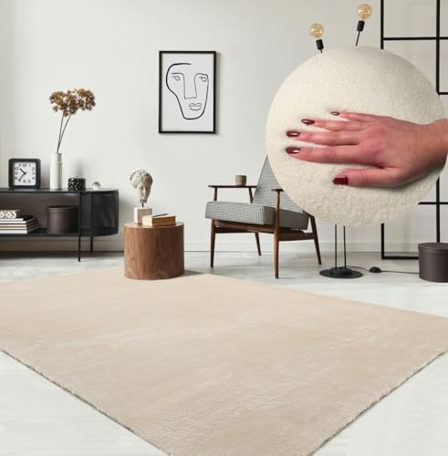 the carpet Relax – Tapis Moderne Moelleux à Poils Courts, antidérapant, Lavable Jusqu’à 30°C, Super Doux, Aspect Fourrure, pour Salon et Chambre, décoratif, Beige, 120 x 160 cm