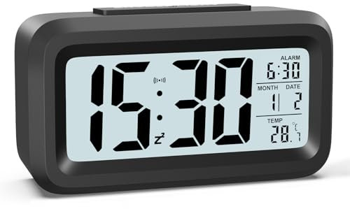 HOMVILLA Wecker Digital Batteriebetrieben mit Temperaturanzeige Große LCD Display, Schlummerfunktion, Datum, Nachtmodus, Hintergrundbeleuchtung Wecker Laut für Tiefschläfer Schwarz