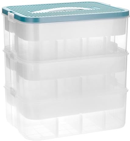 QWORK® Storage Box with Lid, 3 Levels Toy Storage Box, Transparent Storage Boxes with Adjustable Compartments and Carry Handle