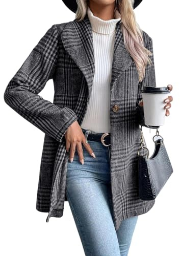 IDEALSANXUN Giacca da donna in lana a quadretti, a maniche lunghe, stile casual, con maniche lunghe, stile casual, con risvolto