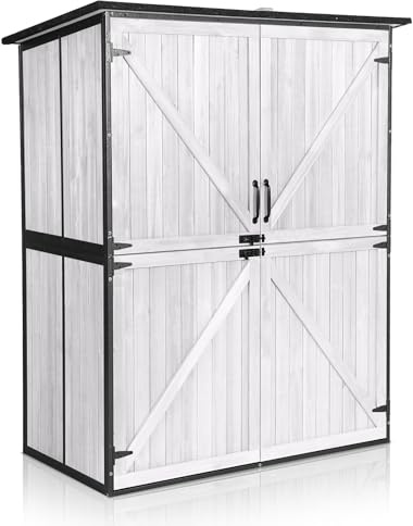 MEDEHOO Outdoor Storage Shed with Floor - Waterproof Natural Fir Cabinet with Adjustable Shelves and Double Lock for Anti-Theft - Suitable for Storing Garden Tools and Household Debris (White)