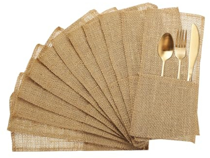QUARKZMAN 24 Pochettes à Couverts en Toile de Jute, 4 x 8, Porte-Couverts en Argenterie, Sac Pochette en Toile de Jute Naturelle pour Décoration de Fête de Mariage