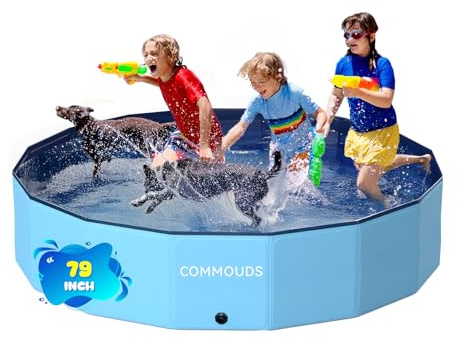 COMMOUDS Foldable Dog Pool, Collapsible Hard Plastic Dog Kiddie Swimming Pool, Portable Pet Bath Tub Wading Pools for Kids and Puppy Small Medium Large Dogs(79inch.D x 16inch.H)