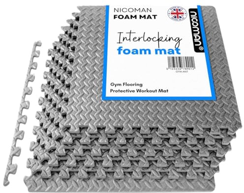 Nicoman Large Interlocking Floor Mats 60x60cm, 12PCs EVA Foam Gymnastics Mat Tiles, Anti-slip Shock Absorbent Thick Puzzle Gym Flooring