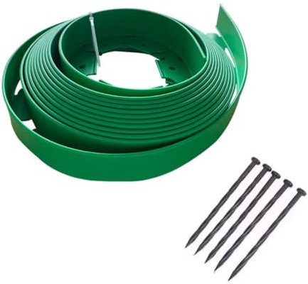 Borde Separador Jardín, Césped Borde, Separador de Piedras, Flexible de Plástico, Longitud 10 m, Altura 5 cm, con Clavijas de sujeccion, Marrón, Negro o Verde. (Verde)