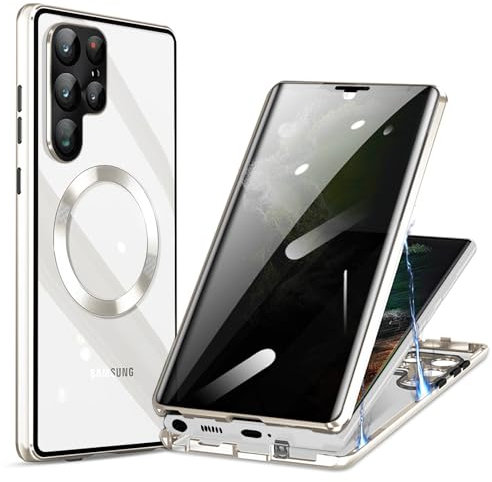 TOPF&B Case for Samsung Galaxy S25 Ultra Magnetic Cover,Privacy Screen Protector Cover Built-in Tempered Glass and Camera Protector,360 Degree Metal Bumper Case for Samsung S25 Ultra,Silver