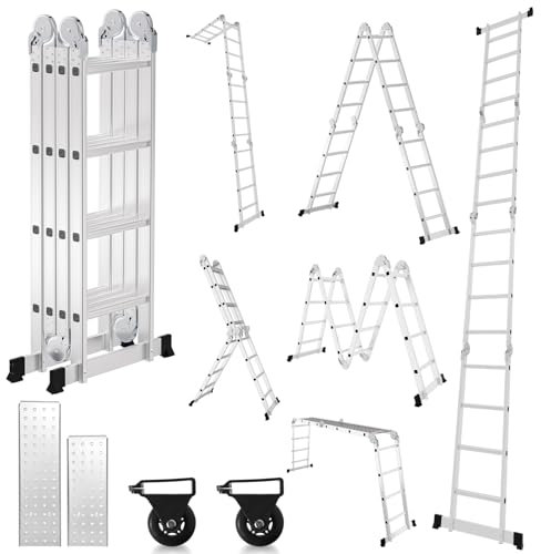 Lospitch 4x4 Mehrzweckleiter, 470cm 7 in 1 Multifunktionsleiter mit 2 plattform, Aluminium Vielzweckleiter mit 2 Transport Rollen bis 150 kg, Arbeitsleiter 16 Stufen, Silber