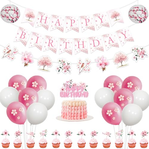 Fangleland Decorazioni per feste di compleanno con fiori di ciliegio rosa, banner di buon compleanno, topper per cupcake a tema Sakura lanterne di carta e palloncini per feste da donna