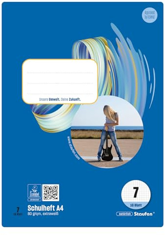 Staufen Style skolhäfte – 10 häften vardera, 16 ark, DIN A4, linjerat 7 (7 mm rutig), 80 g/m² återvunnet papper