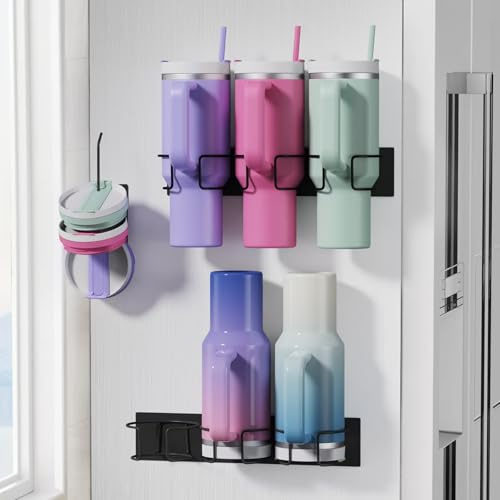 Bocenaia Magnetic Stanley Cup Holder for Fridge, Water Bottle & Tumbler Lid Organizer for Stanley Cup Accessories, 2Pack Magnetic Cup Holder Storage Rack for Cup 40 & 30 oz, Black