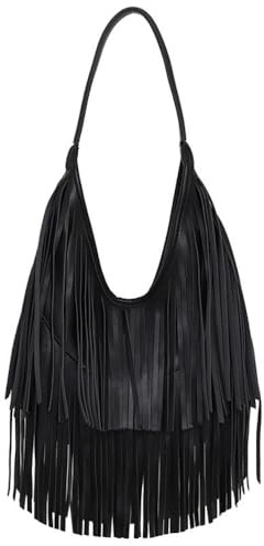 Damajia Faux Leather Small Fringe Hobo Purse Slouchy Style Shoulder Bag for Women, Black