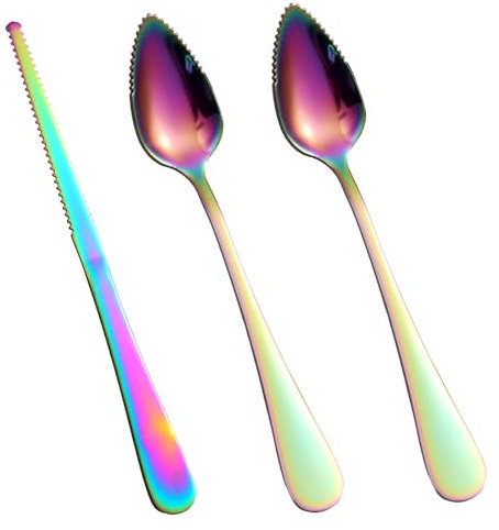 3pz Cucchiai e Coltello Seghettati per Pompelmo, Utensili da Servizio Curvi in Acciaio Inox per Agrumi Limone Kiwi Melone Lime Pitaya Strumento Mangiare Frutta (Colorato)