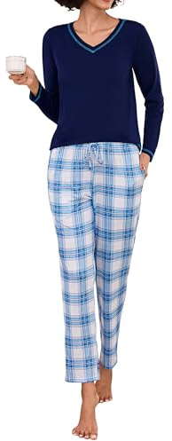 Bresdk Pyjama Femme Hiver Ensembles de Pyjamas Coton Carreaux Manches Longues et Confortable 2 Pièces avec Poches