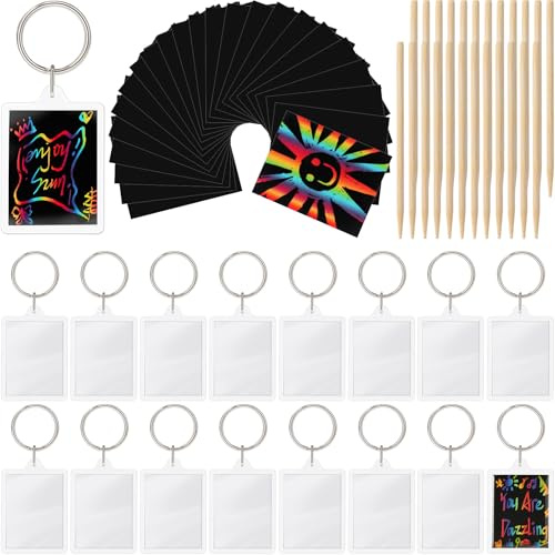 Blueweenly 24 Pack Scratch Paper Keyring, Magic Scratch Keychains Craft Kit for Students Classroom Party Favor DIY Keyrings