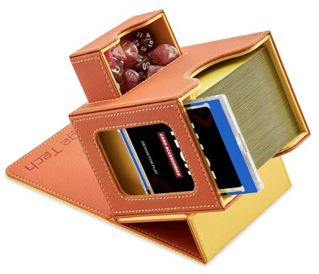 Mage Tech Scatola porta carte per MTG Commander, design brevettato, display Commander, adatta a 100 carte a doppia manica, mattoncini e dadi da 35 pt, arancione/giallo