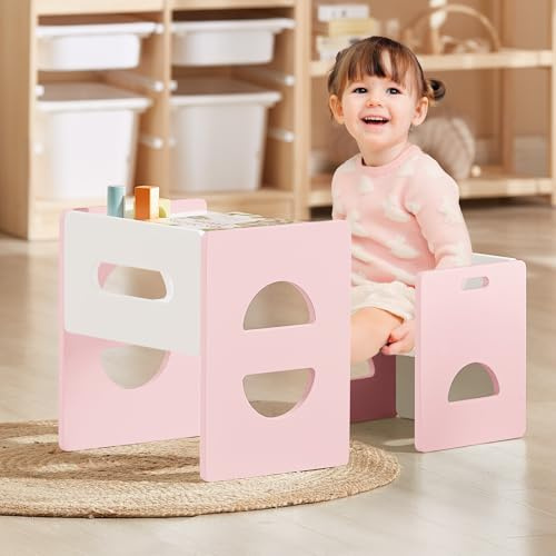 FUNLIO Set di tavolo e sedia Montessori regolabili in altezza per età 1-3, in legno massiccio, set di sedia da tavolo per bambini per leggere/mangiare/giocare - Rosa