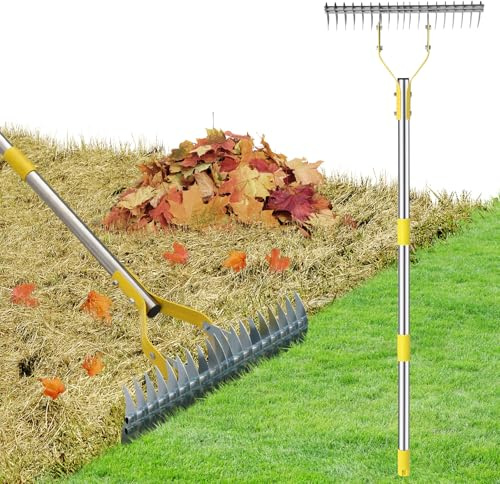Rastrillo de paja, rastrillo de césped con mango largo ajustable de 150 cm, resistente y resistente, peine de césped multiusos para deshierbar, fertilizar lawn thatching rake cleaning dead grass