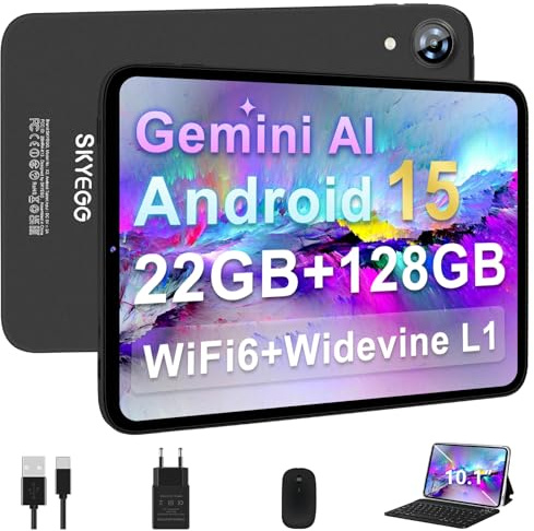 Tablet 10 Pollici Android 15 con Gemini AI, 22GB RAM+ 128GB ROM+2TB Esp., Widevine L1, Octa-Core, WiFi 6, BT 5.0, 6000mAh, Fotocamera 8/5 MP, con Tastiera, Mouse e Custodia, Corpo in Metallo, Grigio