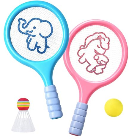 2 Pack Kids Badminton Rackets Set With Shuttlecock & Tennis Ball, Kids Tennis Rackets Set For Children Indoor Outdoor Sports Games，Children cricket bat for Garden, Beach, Park Play （Blue + Pink）