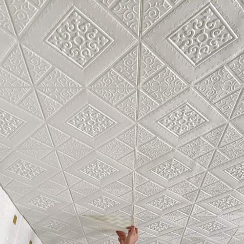 Pannelli Soffitto Boiserie Parete Carta Da Parati Autoadesiva In Piastrelle Bianche, Rivestimento Per Soffitto Strutturato, Spessore 4 Mm, Per Uso Residenziale, Copertura Di Pareti Difettose(20 pack)