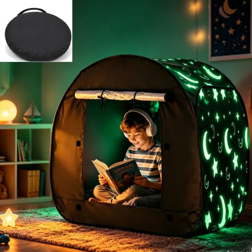 Sensory Tent for Autism with Glow Night Print, Upgraded Arc-Shaped Sensory Tent, Pop Up Blackout Kids Tent Calm Corner for Anxiety Relief, Portable Play and Relax Corner Play Tents for Kids Boys Girls