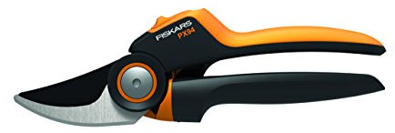 Fiskars Tijeras de podar, Cuchilla bypass y mango giratorio, Longitud: 21,5 cm, Ø de corte: 2 cm, Negro/Naranja, 1023630