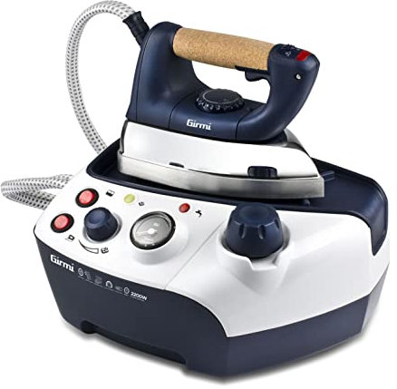 Girmi SS65 Stirbella Sistema Stirante, ferro da stiro, 2200 W, 3,5 Bar, 30-60 g/min, Manometro, Tappo di sicurezza, Capacità serbatoio 1 Litri, Manopola di regolazione, Bianco/Blu
