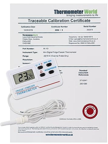Thermomètre numérique calibré pour réfrigérateur/congélateur avec certificat d'étalonnage traçable à 2 points
