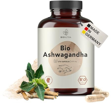 BIONUTRA® Bio Ashwagandha Kapseln hochdosiert, 1950 mg Tagesdosis, rückstandskontrolliert, deutsche Herstellung, vegan, laktose- & glutenfrei, ohne Zusätze, Ashwagandha Bio, 270 Stück x 650 mg